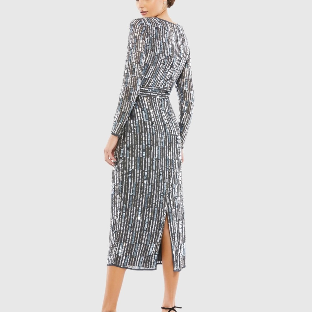NWT Mac Duggal Embellished Dark Grey Long Sleeve Sheath Dress, size 6 - Picture 2 of 6